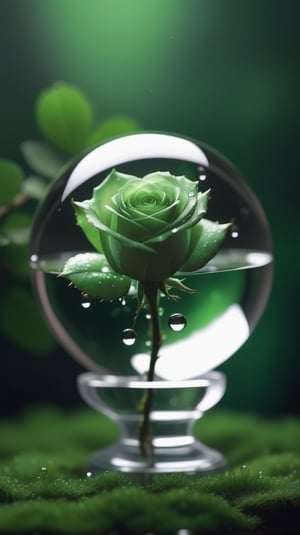 a simple blurred dark moss green background, a big transparent crystal  sphere filled with clear water and a few droplets of water,in which grows a tender green rose with two large leaves and a thin stem,love heart shape,the entire scene is illuminated by a soft green light, giving a sense of tranquility and harmony,
photorealistic

