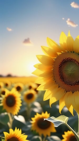 blank pure blured backround, one  blooming Sunflower,  the petals are falling on the ground at the bottom of the picture,  sunlight
high photorealistic