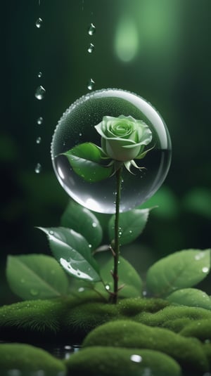 a simple blurred dark moss green background, a big transparent crystal  sphere filled with clear water and a few droplets of water,in which grows a tender green rose with two large leaves and a thin stem,love heart shape,the entire scene is illuminated by a soft green light, giving a sense of tranquility and harmony,
photorealistic

