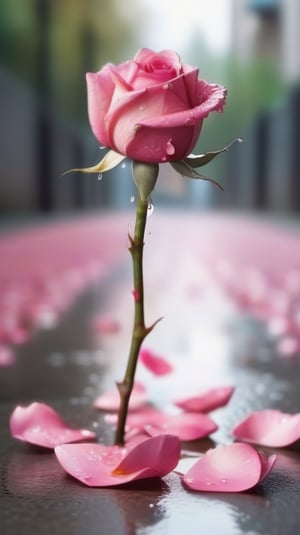 one pink blooming rose,(falling petals),blur background, and the petals formed a  wet pussy shape on the ground,
photorealistic,Close-up Pussy