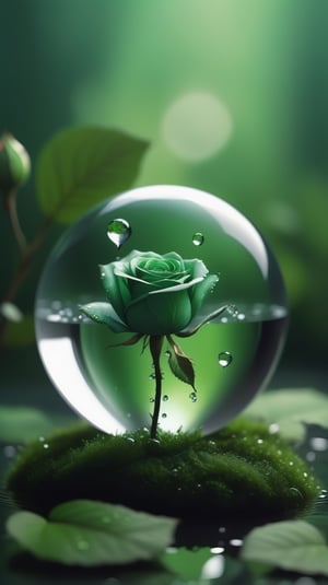 a simple blurred dark moss green background, a big transparent crystal  sphere filled with clear water and a few droplets of water,in which grows a tender green rose with two large leaves and a thin stem,love heart shape,the entire scene is illuminated by a soft green light, giving a sense of tranquility and harmony,
photorealistic

