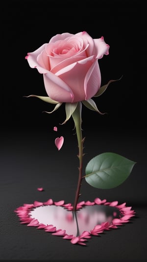 blank pure black background,one pink blooming rose,the petals are falling, the petals formed a lovely heart shape on the ground,with a thin root system, high quality,
photorealistic

