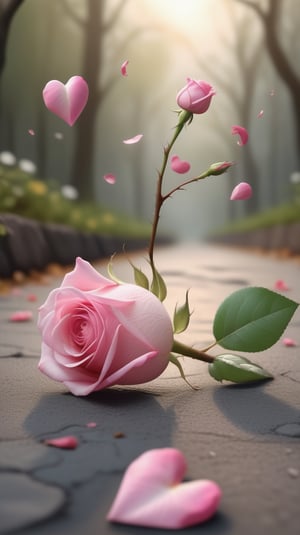 one pink blooming rose,the petals are falling, the petals formed a lovely heart shape on the ground,with a thin root system, high quality,
photorealistic

