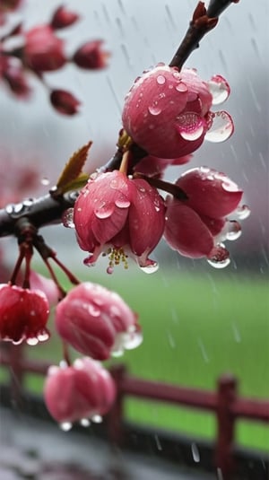  a blooming cherry branch covered in drew and rain drops
