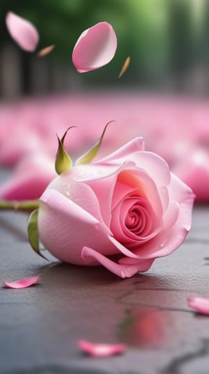 one pink blooming rose,(falling petals),blur background, and the petals formed a vagina shape on the ground,
photorealistic