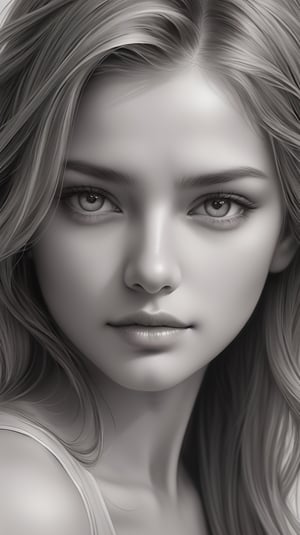 A beautifully rendered pencil art portrait of a woman with a captivating gaze. The illustration showcases her delicate facial features, with soft shading and detailing that brings the image to life. The background is a subtle blend of gray tones, drawing focus to the woman's captivating expression and the intricate strands of her hair. The overall effect is a timeless, elegant piece that captures the essence of the subject's soul.