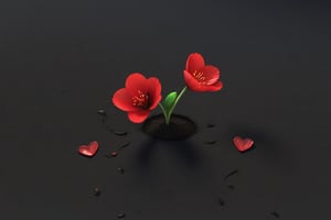 blank pure lightblack backround, one sprouting seed with thin root system on the ground at the bottom of the picture, 3 red blooming flowers,the petals are falling, and some of them makd up a lovely heart shape on the ground,high photorealistic