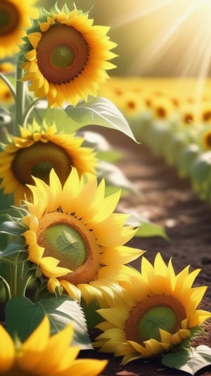 blank pure blured backround,  blooming Sunflowers,  the petals are falling on the ground at the bottom of the picture,  sunlight
high photorealistic