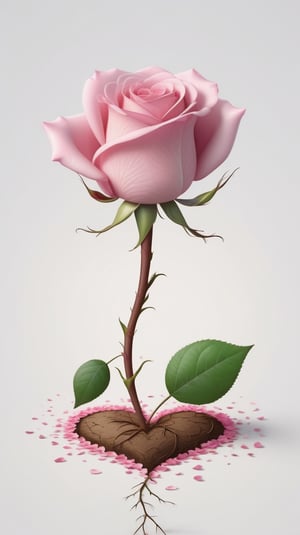 one pink blooming rose,the petals are falling, the petals formed a lovely heart shape on the ground,with a thin root system, high quality,
photorealistic

