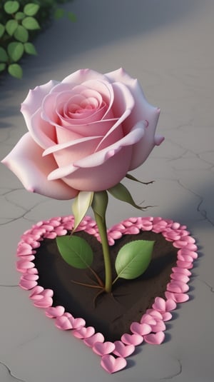 one pink blooming rose,the petals are falling, the petals formed a lovely heart shape on the ground,with a thin root system, high quality,
photorealistic

