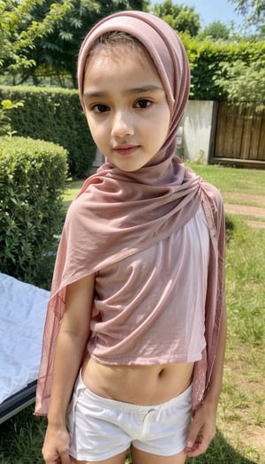  Best picture quality, high resolution, 8k, realistic, sharp focus, focus on face, realistic image of elegant 10 year old little girl,1girl, hijab, wearing hijab, hijabindox, closeup, smooth skin, wel define face, beautiful babe face, super realistic 3/4 shot, looking_at_viewer ,indian girl,AIDA_LoRA_EvaR, little girl,Indian, indoors, bedroom, perfect body, full-body_portrait, full_body, standin in garden, indian girl, wearing white small top and blue shorts, Details++,AIDA_LoRA_EvaPo, looking_at_viewer, low-angle_shot