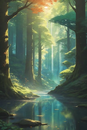 Viral anime nature wallpaper in 4K quality, in the style of digital illustration inspired by Hayao Miyazaki, featuring a serene forest with towering ancient trees, dappled sunlight filtering through the leaves, a gentle stream flowing through the scene, and mystical creatures peeking from behind the foliage; vibrant and warm color temperature, cosmos lighting with stars twinkling in the sky, no human characters, the atmosphere is tranquil and enchanting --v 5 --stylize 1000