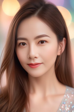 Beautiful woman, high detail, portrait, elegant, delicate features, emotional expression, masterpiece, 8k resolution, Extremely high-resolution details, realism pushed to extreme, fine texture, incredibly lifelike, looking at viewer, solo focus, realistic, photorealistic, ultra realistic photograph, pastel background with pastel bokeh, Exquisite details and textures, grainy, face details, real face, smile,1girl, brown hair,