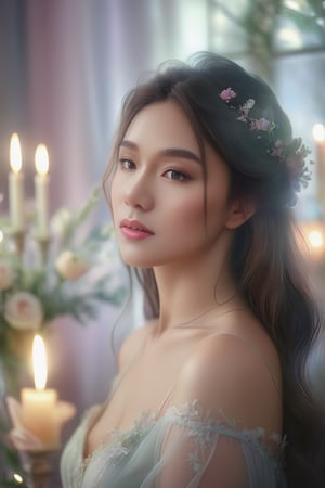 1girl, Beautiful woman in a very romantic environment, soft lighting, dreamy atmosphere, ethereal, high detail, portrait, elegant, delicate features, romantic setting, pastel colors, emotional expression, masterpiece, 4k resolution, Extremely high-resolution details, photographic, realism pushed to extreme, fine texture, incredibly lifelike,