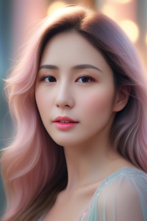 Beautiful woman, soft lighting, dreamy atmosphere, ethereal, high detail, portrait, elegant, delicate features, pastel colors, emotional expression, masterpiece, 8k resolution, Extremely high-resolution details, photographic, realism pushed to extreme, fine texture, incredibly lifelike, looking at viewer, solo focus, realistic, photorealistic, face details, real face, detailed eyes, detailed nose,