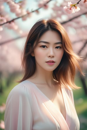Beautiful woman, high detail, portrait, elegant, delicate features, emotional expression, masterpiece, 8k resolution, Extremely high-resolution details, realism pushed to extreme, fine texture, incredibly lifelike, looking at viewer, solo focus, realistic, photorealistic, cinematic lighting, sun light, ultra realistic photograph, pastel background with pastel bokeh, Exquisite details and textures, grainy, film analog photography, film, face details, real face, huge saggy breasts, cleavage, white shirt, pleated skirt, looking at viewer, a blooming cherry blossom grove, with delicate pink petals floating in the breeze, 1girl,