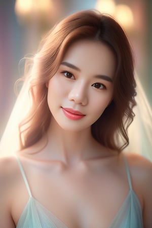 Beautiful woman in a very romantic environment, soft lighting, dreamy atmosphere, ethereal, high detail, portrait, elegant, delicate features, pastel colors, emotional expression, masterpiece, 4k resolution, Extremely high-resolution details, photographic, realism pushed to extreme, fine texture, incredibly lifelike, looking at viewer, solo focus, realistic, photorealistic, smile,