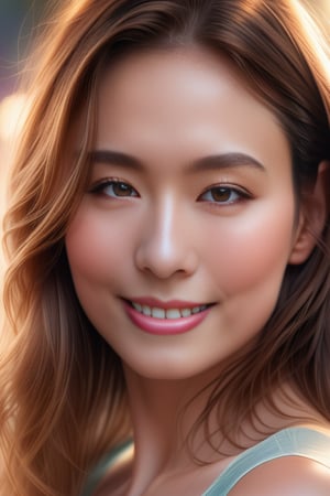 Beautiful woman, soft lighting, dreamy atmosphere, ethereal, high detail, portrait, elegant, delicate features, pastel colors, emotional expression, masterpiece, 8k resolution, Extremely high-resolution details, photographic, realism pushed to extreme, fine texture, incredibly lifelike, looking at viewer, solo focus, realistic, photorealistic, face details, real face, detailed eyes, detailed nose, 1girl, smile, brown hair,