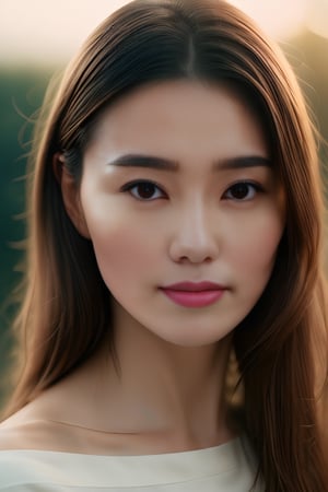 Beautiful woman, high detail, portrait, elegant, delicate features, emotional expression, masterpiece, 8k resolution, Extremely high-resolution details, realism pushed to extreme, fine texture, incredibly lifelike, looking at viewer, solo focus, realistic, photorealistic, cinematic lighting, sun light, ultra realistic photograph, pastel background with pastel bokeh, Exquisite details and textures, grainy, film analog photography, film, face details, real face, no makeup, brown hair,