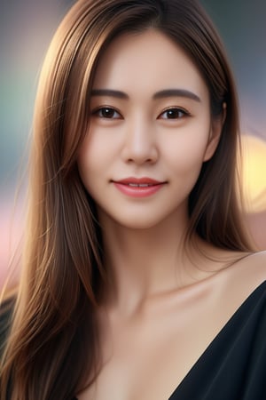 Beautiful woman, high detail, portrait, elegant, delicate features, emotional expression, masterpiece, 8k resolution, Extremely high-resolution details, realism pushed to extreme, fine texture, incredibly lifelike, looking at viewer, solo focus, realistic, photorealistic, ultra realistic photograph, Exquisite details and textures, grainy, face details, real face, smile,1girl, brown hair,