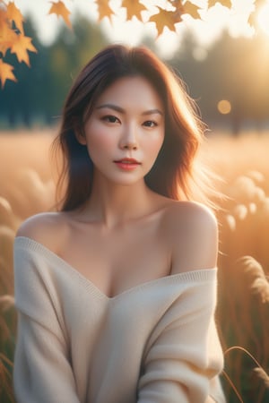 Beautiful woman, high detail, portrait, elegant, delicate features, emotional expression, masterpiece, 8k resolution, Extremely high-resolution details, realism pushed to extreme, fine texture, incredibly lifelike, looking at viewer, solo focus, realistic, photorealistic, cinematic lighting, sun light, ultra realistic photograph, pastel background with pastel bokeh, Exquisite details and textures, grainy, analog photography, film, light dreamy haze film grain effect, face details, real face, cleavage, thin waist, bare shoulder swater, oversize sweater, field grass, maple trees, golden hour, film grain, 1girl,