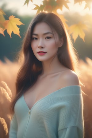 Beautiful woman, soft lighting, dreamy atmosphere, ethereal, high detail, portrait, elegant, delicate features, pastel colors, emotional expression, masterpiece, 8k resolution, Extremely high-resolution details, photographic, realism pushed to extreme, fine texture, incredibly lifelike, looking at viewer, solo focus, realistic, photorealistic, cleavage, thin waist, off shoulder swater, oversize sweater, field grass, maple trees, golden hour, film grain, 1girl,