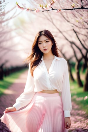 one pretty girl, solo, huge saggy breasts, cleavage, white shirt, pleated skirt, looking at viewer, a blooming cherry blossom grove, with delicate pink petals floating in the breeze, soft lighting, film grain, 1girl,