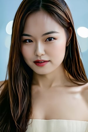 Beautiful woman, high detail, portrait, elegant, delicate features, emotional expression, masterpiece, 8k resolution, Extremely high-resolution details, realism pushed to extreme, fine texture, incredibly lifelike, looking at viewer, solo focus, realistic, photorealistic, cinematic lighting, ultra realistic photograph, pastel background with pastel bokeh, Exquisite details and textures, grainy, film analog photography, film, face details, real face, no makeup, brown hair, long straight hair, 1girl,