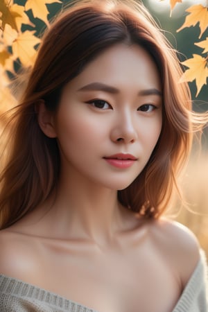 Beautiful woman, high detail, portrait, elegant, delicate features, emotional expression, masterpiece, 8k resolution, Extremely high-resolution details, realism pushed to extreme, fine texture, incredibly lifelike, looking at viewer, solo focus, realistic, photorealistic, cinematic lighting, sun light, ultra realistic photograph, pastel background with pastel bokeh, Exquisite details and textures, grainy, analog photography, film, light dreamy haze film grain effect, face details, real face, cleavage, thin waist, bare shoulder swater, oversize sweater, field grass, maple trees, 1girl,