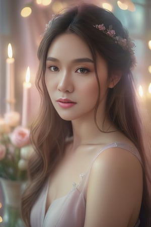 1girl, Beautiful woman in a very romantic environment, soft lighting, dreamy atmosphere, ethereal, high detail, portrait, elegant, delicate features, romantic setting, pastel colors, emotional expression, masterpiece, 4k resolution, Extremely high-resolution details, photographic, realism pushed to extreme, fine texture, incredibly lifelike,