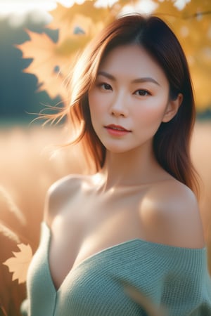 Beautiful woman, high detail, portrait, elegant, delicate features, emotional expression, masterpiece, 8k resolution, Extremely high-resolution details, realism pushed to extreme, fine texture, incredibly lifelike, looking at viewer, solo focus, realistic, photorealistic, cinematic lighting, sun light, ultra realistic photograph, pastel background with pastel bokeh, Exquisite details and textures, grainy, analog photography, film, light dreamy haze film grain effect, face details, real face, cleavage, thin waist, bare shoulder swater, oversize sweater, field grass, maple trees, golden hour, 1girl,