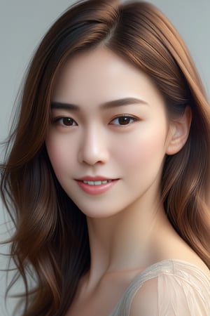 Beautiful woman, high detail, portrait, elegant, delicate features, emotional expression, masterpiece, 8k resolution, Extremely high-resolution details, realism pushed to extreme, fine texture, incredibly lifelike, looking at viewer, solo focus, realistic, photorealistic, ultra realistic photograph, Exquisite details and textures, grainy, face details, real face, smile,1girl, brown hair,