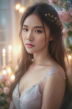 1girl, Beautiful woman in a very romantic environment, soft lighting, dreamy atmosphere, ethereal, high detail, portrait, elegant, delicate features, romantic setting, pastel colors, emotional expression, masterpiece, 4k resolution, Extremely high-resolution details, photographic, realism pushed to extreme, fine texture, incredibly lifelike,