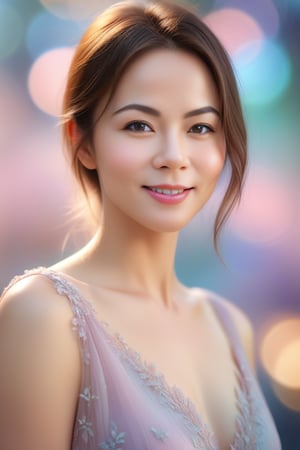 Beautiful woman, high detail, portrait, elegant, delicate features, emotional expression, masterpiece, 8k resolution, Extremely high-resolution details, realism pushed to extreme, fine texture, incredibly lifelike, looking at viewer, solo focus, realistic, photorealistic, ultra realistic photograph, pastel background with pastel bokeh, Exquisite details and textures, grainy, face details, real face, smile,1girl, brown hair,