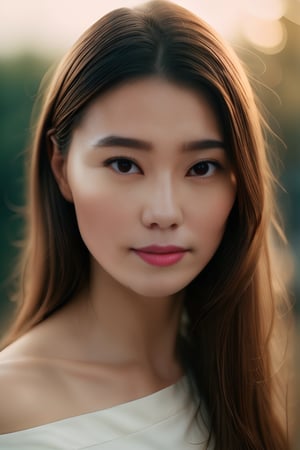 Beautiful woman, high detail, portrait, elegant, delicate features, emotional expression, masterpiece, 8k resolution, Extremely high-resolution details, realism pushed to extreme, fine texture, incredibly lifelike, looking at viewer, solo focus, realistic, photorealistic, cinematic lighting, sun light, ultra realistic photograph, pastel background with pastel bokeh, Exquisite details and textures, grainy, film analog photography, film, face details, real face, no makeup, brown hair,