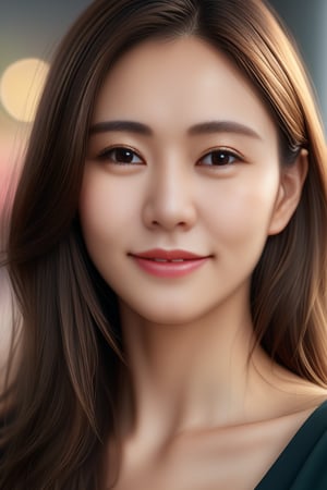 Beautiful woman, high detail, portrait, elegant, delicate features, emotional expression, masterpiece, 8k resolution, Extremely high-resolution details, realism pushed to extreme, fine texture, incredibly lifelike, looking at viewer, solo focus, realistic, photorealistic, ultra realistic photograph, Exquisite details and textures, grainy, face details, real face, smile,1girl, brown hair,