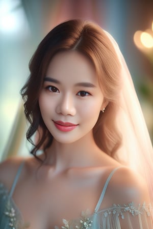 Beautiful woman in a very romantic environment, soft lighting, dreamy atmosphere, ethereal, high detail, portrait, elegant, delicate features, romantic setting, pastel colors, emotional expression, masterpiece, 4k resolution, Extremely high-resolution details, photographic, realism pushed to extreme, fine texture, incredibly lifelike, looking at viewer, solo focus, realistic, photorealistic, smile,