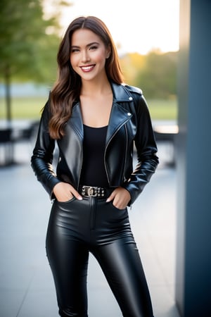 She is wearing a leather jacket with a zipper, a bodysuit, and leather pants. The outdoor setting has a blurry background, wears a belt, 1girl, smile,