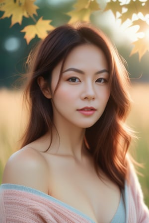 Beautiful woman, high detail, portrait, elegant, delicate features, emotional expression, masterpiece, 8k resolution, Extremely high-resolution details, realism pushed to extreme, fine texture, incredibly lifelike, looking at viewer, solo focus, realistic, photorealistic, cinematic lighting, sun light, ultra realistic photograph, pastel background with pastel bokeh, Exquisite details and textures, grainy, analog photography, film, light dreamy haze film grain effect, face details, real face, cleavage, thin waist, bare shoulder swater, oversize sweater, field grass, maple trees, 1girl,
