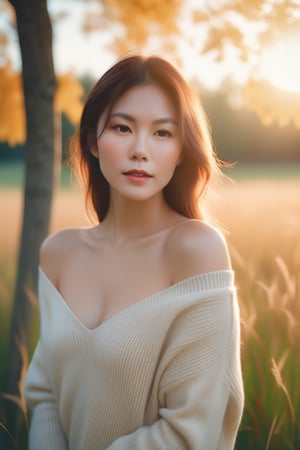 Beautiful woman, high detail, portrait, elegant, delicate features, emotional expression, masterpiece, 8k resolution, Extremely high-resolution details, realism pushed to extreme, fine texture, incredibly lifelike, looking at viewer, solo focus, realistic, photorealistic, cinematic lighting, sun light, ultra realistic photograph, pastel background with pastel bokeh, Exquisite details and textures, grainy, analog photography, film, light dreamy haze film grain effect, face details, real face, cleavage, thin waist, bare shoulder swater, oversize sweater, field grass, maple trees, golden hour, film grain, 1girl,