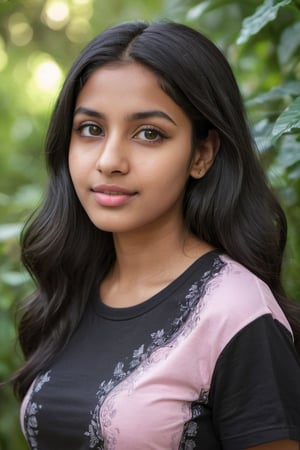 A serene portrait of a 22-year-old South Asian girl posing against a lush garden backdrop. Her striking features are showcased: a thin, sharp, and long face with wavy, dense, long, and thick black hair cascading down her back. A soft, light smile plays on her lips, which are painted a gentle pink hue. She wears a black t-shirt that provides a striking contrast to the vibrant greenery behind her. The image is rendered in extremely realistic detail, capturing every nuance of her features and the natural beauty surrounding her.