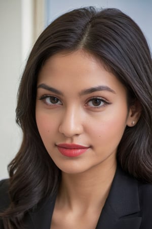 A serene portrait of a 22-year-old indian girl seating in her office, soft light illuminating her striking features: a thin face with wavy, dense black hair cascading down her back. Her lips curve into a gentle smile, painted red lipstick. She wears a striking black suit, contrasting the vibrant greenery behind. Her serene expression and natural beauty are captured in vivid detail.