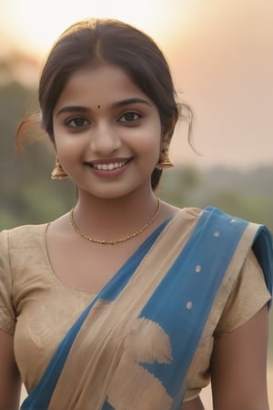 lovely smily face under 21 year old indian girl with blue sari, farfact nose, farfact eye and hand lage zoom in poses like model face on cemra, right hand under face sunset on her face she is wallking on indian village leg on real lenth 
