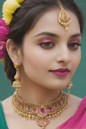 a woman in a pink and green lehen with gold jewelry, side view intricate details, indian style, ( side ) profile, traditional beauty, draped in fleshy yellow and pink, yellow magenta and gold, side pose, side-view, side - view, vibrant colour, very pretty model, half body cropping, close up half body shot, from side focus on cemra side view atractive view