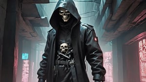 In the depths of the underground city's labyrinthine tunnels, shadows danced eerily along dimly lit corridors. The protagonist, clad in a black hooded trench coat and a skull mask, stealthily positioned himself behind a crumbling concrete pillar. In one hand, he gripped a silenced handgun, its metal cold against his palm. Strapped securely across his back was a silenced submachine gun, a deadly insurance policy in this clandestine transaction.

From his concealed vantage point, he surveyed the makeshift market stalls ahead where distant figures haggled in whispered tones. The air was heavy with the scent of dampness and the faint hum of malfunctioning neon lights flickered ominously. Across the cavernous space, oblivious to his presence, armed adversaries negotiated with cautious exchanges, their intentions veiled behind masks of their own.

Every move calculated, every breath measured, the protagonist awaited the opportune moment to strike or slip away undetected, amidst the labyrinth of secrets that echoed through the underground domain.,cyberpunk style