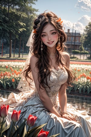 High quality, masterpiece, 1girl, sole_female, 21 years old,  shiny long brown hair, orange eyes, wedding dress, sitting in the middle of a field of tulips, a sunny smile