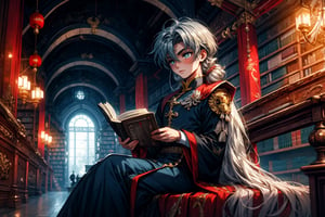 High quality, masterpiece, rayearth, 1 boy, sole male, shiny long silver hair, bright blue pupils, fantasy chinese clothes, sitting in an old library and reading a scroll with a sleepy expression