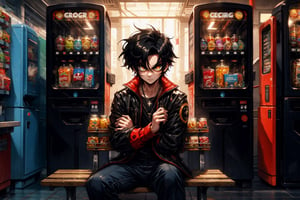 High quality, masterpiece, rayearth, 1 boy, sole male, shiny black hair, bright orange pupils, rocker clothes, sitting on a bench next to some vending machines with a threatening look,
