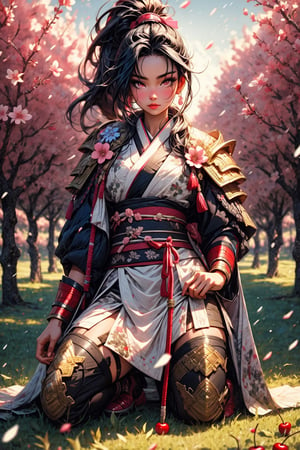 High quality, masterpiece, 1 girl, sole female, long straight black hair in a ponytail, pink eyes, white samurai armor, kneeling in a cherry orchard with a katana at her side