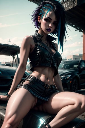 High quality, masterpiece, 1girl, solo_female, 16 year old girl, very hot, glowing pale white skin, shiny black hair in a punk hairstyle, brigth_black_eyes, hand_on_belly, purple lips, titty_buds, nice ass, pouty lips, sensual, loking at the viewer, toned legs, toned arms, perfect light, open legs sitting, lying face up on a car, spread legs, body_piercings, a well light car cemetery as a background, blue highlights in hair, fishnet panty_hose